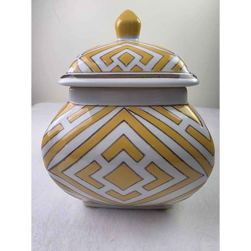 Vintage Ceramic Ginger Jar Yellow & White Geometric Chinoiserie Art Deco Style